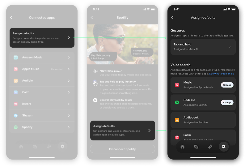 Connected apps and assign defaults screens for audio provider preferences